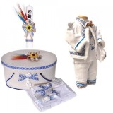 Set traditional, trusou botez, cutie trusou, lumanare si costum national