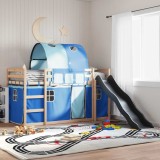 vidaXL Pat supraetajat cu tobogan și perdele, albastru, 80x200 cm 3284144