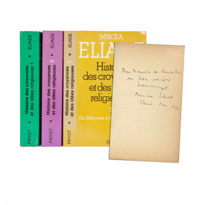 Mircea Eliade, Histoire des croyance et des id&amp;eacute;es religieuses, 3 volume, cu dedicație pentru Maurice de Gandillac foto