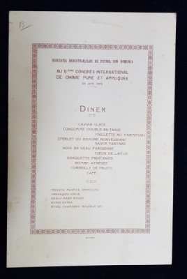 MENIUL UNUI DINEU AL ASOCIATIEI INDUSTRIASILOR DE PETROL DIN ROMANIA , 12 IUNIE , 1925 foto