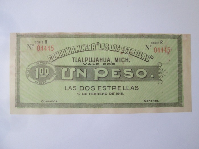 Rara! Mexic 1 Peso 1915 compania miniera Tlalpujahua,vedeți imaginile