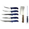 Pachet profesional pentru macelarie, dezosat, injunghiat, transat, filetat, 5 cutite, masat pentru ascutit, satar