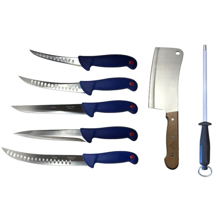 Pachet profesional pentru macelarie, dezosat, injunghiat, transat, filetat, 5 cutite, masat pentru ascutit, satar