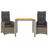 Cumpara ieftin Set bistro de gradina cu perne, 3 piese, gri, poliratan