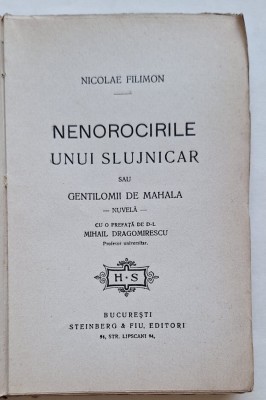 Nicolae Filimon &amp;ndash; Nenorocirile unui slujnicar &amp;ndash; ediție interbelică Steinberg &amp;amp; Fiu foto