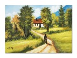 Cumpara ieftin Tablou pictat manual, Plaiuri mioritice, amintiri din copilarie, 70x50cm pictura ulei pe panza, Constantin Feraru