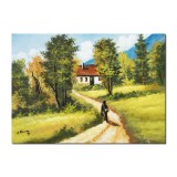 Tablou pictat manual, Plaiuri mioritice, amintiri din copilarie, 70x50cm pictura ulei pe panza, Constantin Feraru