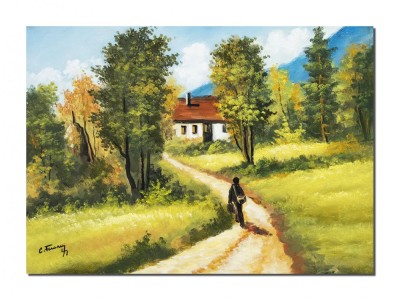 Tablou pictat manual, Plaiuri mioritice, amintiri din copilarie, 70x50cm pictura ulei pe panza, Constantin Feraru foto