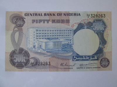 Rara! Nigeria 50 Kobo 1973 aUNC cu eroare de printare foto