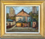 Tablou pictor rom&acirc;n Artă Naivă Peisaj Ieșean Case Vechi din Tg Cucu pictura ulei inramata 43x51cm, Peisaje, Realism