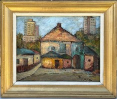 Tablou pictor rom&acirc;n Artă Naivă Peisaj Ieșean Case Vechi din Tg Cucu pictura ulei inramata 43x51cm