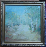 Ulei / carton , Padure de mesteceni , tablou interbelic provenind din Rusia, Peisaje, Impresionism
