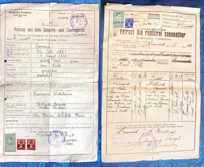 D68-2 Acte vechi Romania Bucovina Cernauti 1940. Certificat de nastere-Cununie.