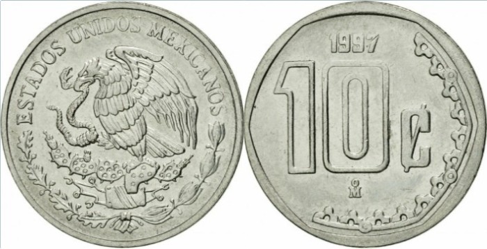 Mexic 1997 - 10 centavos, circulata