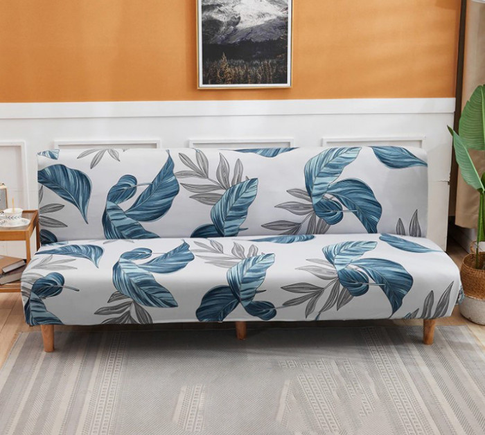 Husa universala pentru canapea, pat, model gri cu frunze albastre, 190 x 210 cm