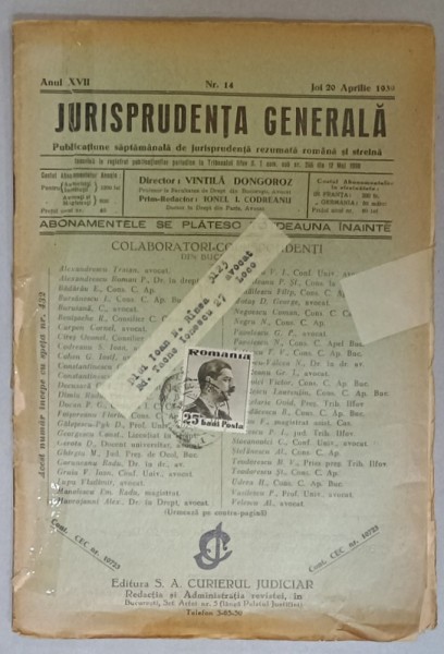 JURISPRUDENTA GENERALA , PUBLICATIUNE SAPTAMANALA DE JURISPRUDENTA REZUMATA ROMANA SI STRAINA , NR. 14 , 1939