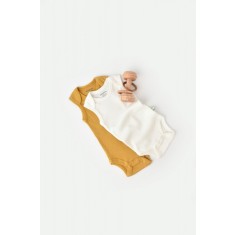 Set 2 body-uri fara maneci bebe unisex din bumbac organic si modal - Mustar/Ecru, BabyCosy (Marime: 12-18 Luni)