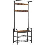 VASAGLE Cuier pentru haine, cu banc depozitare pantofi, 9 carlige detasabile, sina pentru haine, 34x77x183cm, industrial, maro rustic si negru Househo