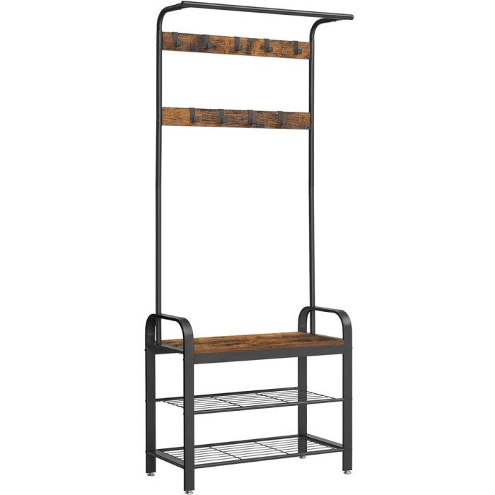 VASAGLE Cuier pentru haine, cu banc depozitare pantofi, 9 carlige detasabile, sina pentru haine, 34x77x183cm, industrial, maro rustic si negru Househo