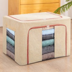 Cutie de depozitare pliabil&Auml;, 66l, bumbac &amp; in, 50x40x33 cm, 2 ferestre (frontal&Auml; &amp; lateral&Auml;), 2 u&Egrave;i cu fermoar, cadru metalic, baz&Auml; stab