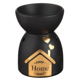 Suport Ulei Parfumat, Ceramică, Model Perforat Floare, Mesaj Folie Aurie, Negru, 8x11cm, Oem