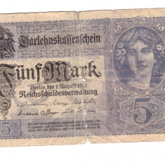 Bancnota Germania 5 mark/marci 1 august 1917, uzata