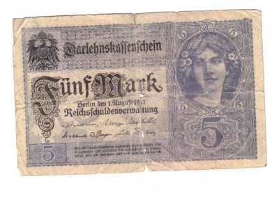 Bancnota Germania 5 mark/marci 1 august 1917, uzata foto