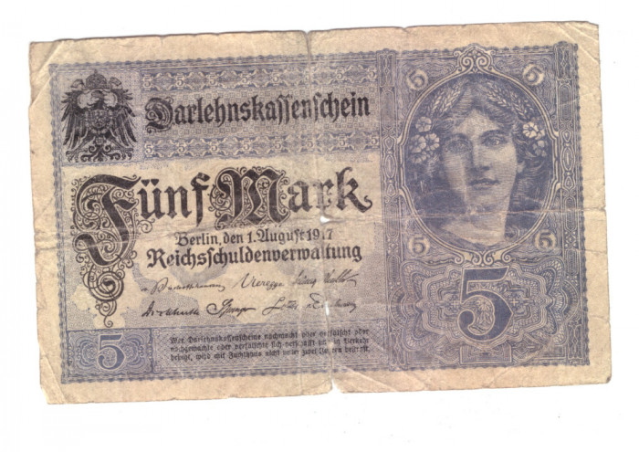 Bancnota Germania 5 mark/marci 1 august 1917, uzata