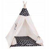 Cort copii Sersimo stil indian Teepee Tent cu fereastra, covoras gros si 2 perne, alb negru cu norisori Household NewTrend