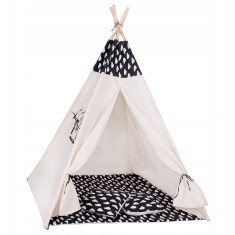 Cort copii Sersimo stil indian Teepee Tent cu fereastra, covoras gros si 2 perne, alb negru cu norisori Household NewTrend