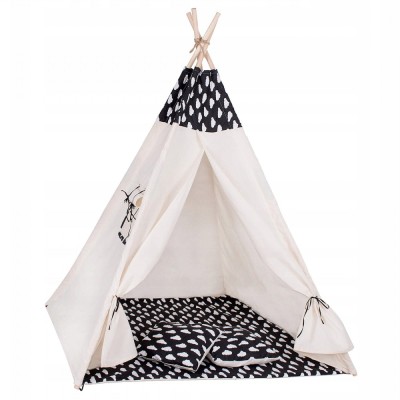 Cort copii Sersimo stil indian Teepee Tent cu fereastra, covoras gros si 2 perne, alb negru cu norisori Household NewTrend foto
