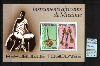 Timbre Togo, 1977 | Instrumente Africane tradiţionale - Folclor | MNH | aph foto