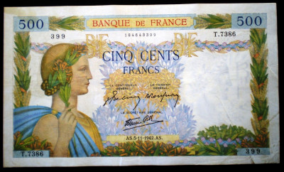 356 FRANTA WWII 500 FRANCS FRANCI 5.11.1942 SR. 399 foto