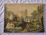 Tablou vechi ulei pe p&acirc;nză - peisaj cu pescari - 67x48 cm