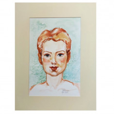 E82. Tablou original, Portret de fata, acuarela, cu Passpartout, 30x40 cm