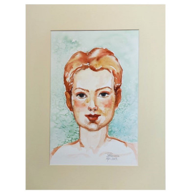 E82. Tablou original, Portret de fata, acuarela, cu Passpartout, 30x40 cm foto