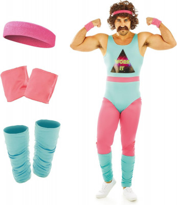 Distracție baracă Mens 80s Fitness Instructor Costum Adulți Retro Neon Leotard O foto