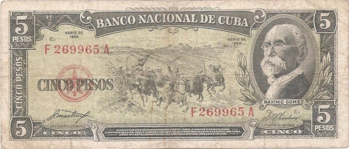 Cuba 5 Pesos 1958 - Maximo Gomez, F269965A, P-91a