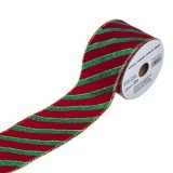 Panglica decorativa de Craciun, rosie cu dungi verzi si glitter, 5m x 63mm, CMCLASS