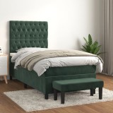 Cumpara ieftin Pat box spring cu saltea, verde &icirc;nchis, 90x200 cm, catifea