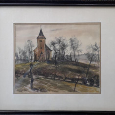 Tablou – Biserica din deal – acuarelă de Mártonka András (1953)