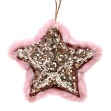 Ornament Brad Crăciun, Stea, Paiete Bej șampanie, Mărgele Albe, Blană Roz, 12x12cm, Oem