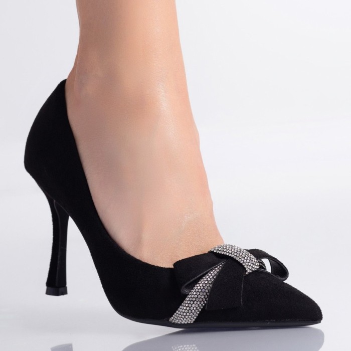Pantofi dama cu toc Negri din Piele Ecologica intoarsa Riham, 36