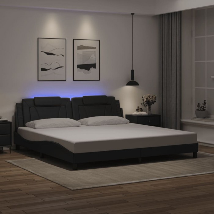 vidaXL Cadru de pat cu lumini LED, negru, 200x200 cm, piele ecologică