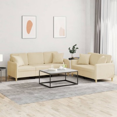 vidaXL Set de canapele cu perne, 2 piese, crem, material textil foto