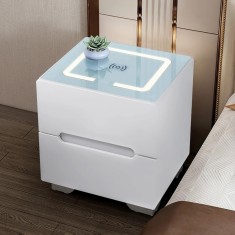 Noptieră smart multifuncțională - Ingrid 2 sertare sticlă albă securizată,