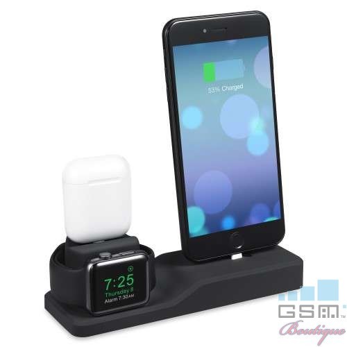 Incarcator 3 in 1 Tip Suport Dock iPhone Ceas Apple Casti Apple AirPods Negru Incarcator 3 in 1 Tip Suport Dock iPhone Ceas Apple Casti Apple AirPods Negru