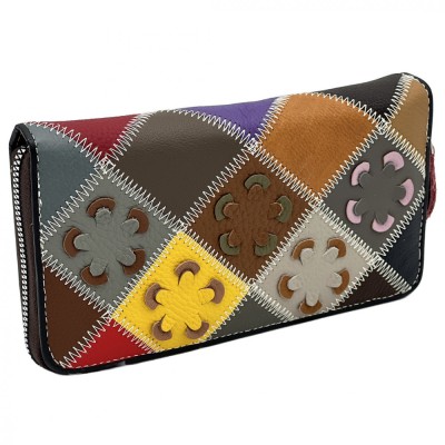 Portofel Dama Cu multe compartimente Lung din piele naturala, Design Multicolor, Flori Aplicate, 19x10x3 cm foto