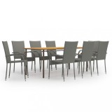Set mobilier gradina Gossi, 9 piese, poliratan gri, masa lemn acacia, scaune stivuibile, rezistent intemperii