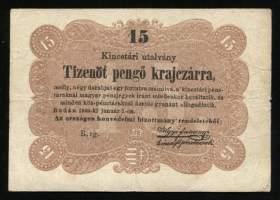 x529 UNGARIA REVOLUTIA DIN 1848 BANCNOTA DE 15 pengő krajcz&amp;aacute;r 1849 VF text in romana scris cu litere cirilice foto